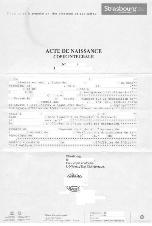 Acte de Naissance Copie intégrale (Frankreich, Straßburg)