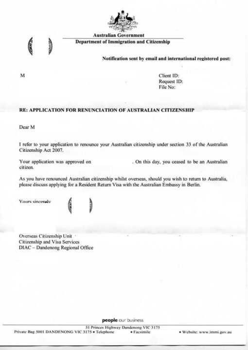 Application for renunciation of Australian citizenship - approval
