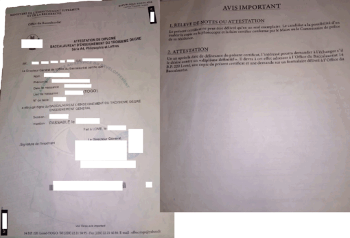 Attestation de diplome baccalaureat d'enseignement du troisieme degré (Togo)