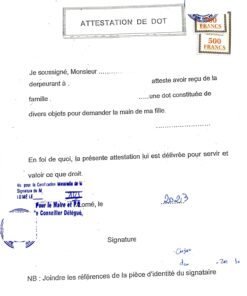 Attestation de dot, Togo