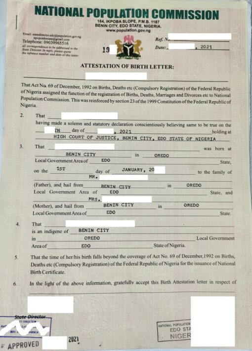 Attestation of birth letter, Nigeria, 2021