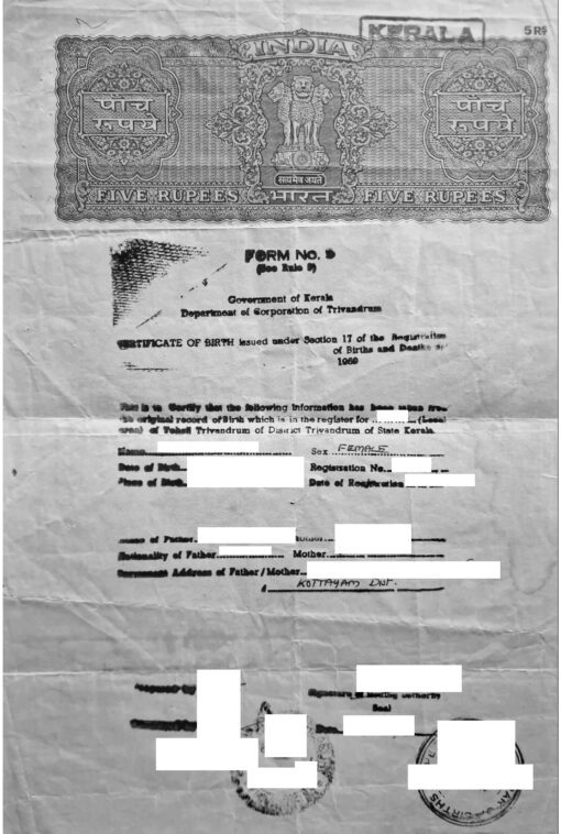 Certificate of Birth, Kerala (Indien)