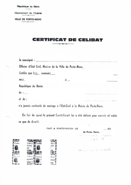 Certificat de Célibat, Bénin