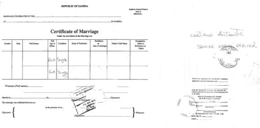 Certificate of Marriage, Zambia bzw. Sambia, mit Legalisation der Dt. Botschaft