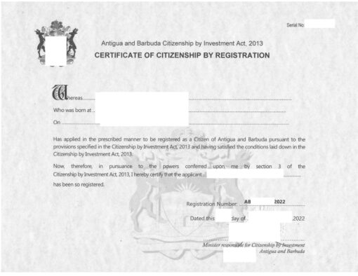 Certificate of citizenship by registration Antigua Barbuda (Einbürgerungsurkunde) 2022
