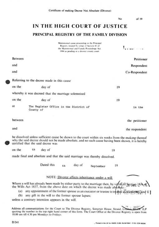 Certificate of making Decree Nisi Absolute (Divorce) (endgültiges Scheidungsurteil, UK)