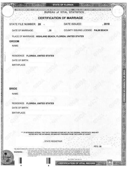 Certification of Marriage, USA (Florida)
