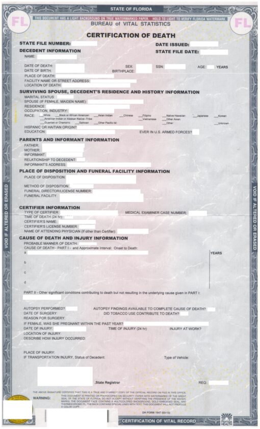 Certification of death USA (Florida)