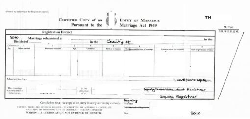 Certified Copy of an Entry of Marriage, UK, 2010