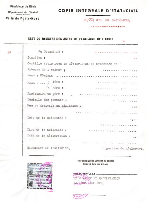 Copie intégrale d'État-Civil, Benin (Porto-Novo), 2005