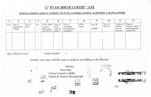 Copy of birth certificate Pakistan, Rawalpindi 2010