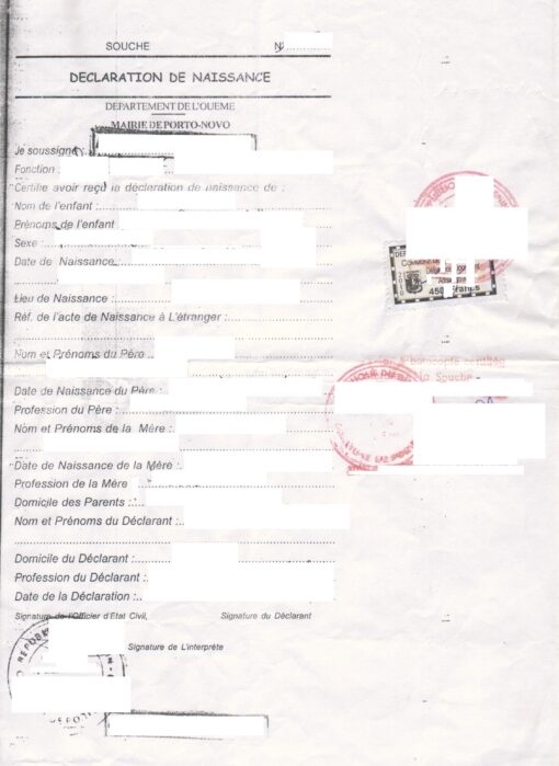 Déclaration de Naissance Benin, Porto-Novo, 2006