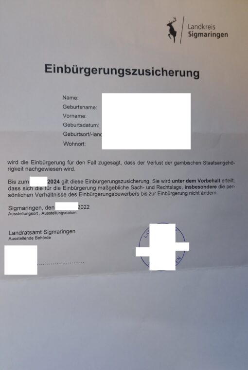 Einbürgerungszusicherung 2022, Landkreis Sigmaringen