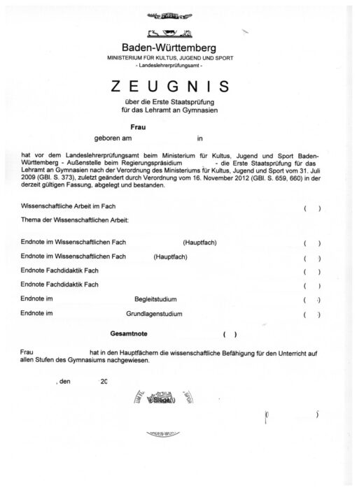 Erste Staatsprüfung Lehramt Gymnasium BW