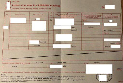 Exctract of an entry in a register of births, Schottland, 1987