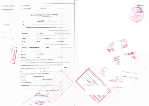 Extrait des Registres des Actes de Mariage, Algérie, Oran (Es Sénia)
