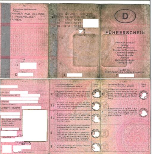 Führerschein aus Deutschland, Modell der EG auf rosa Papier