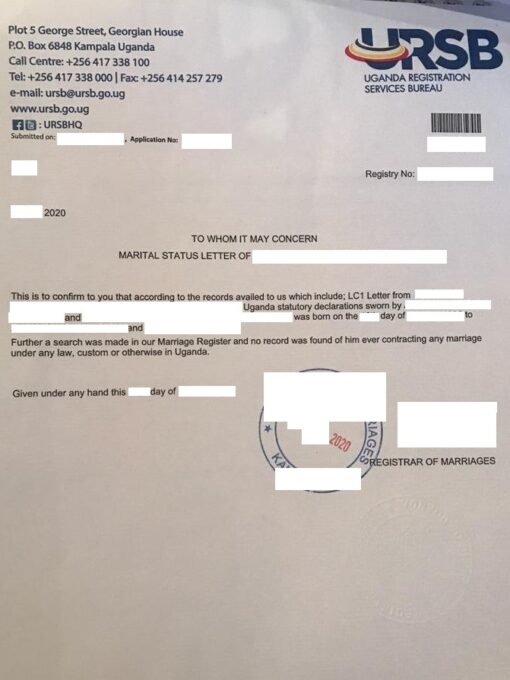 Marital Status Letter (Ledigkeitsbescheinigung), Uganda, 2020