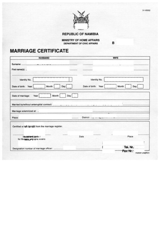 Marriage Certificate, Namibia