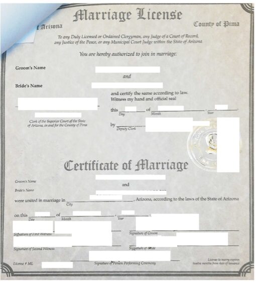 Marriage License und Certificate of Marriage, USA (Arizona)