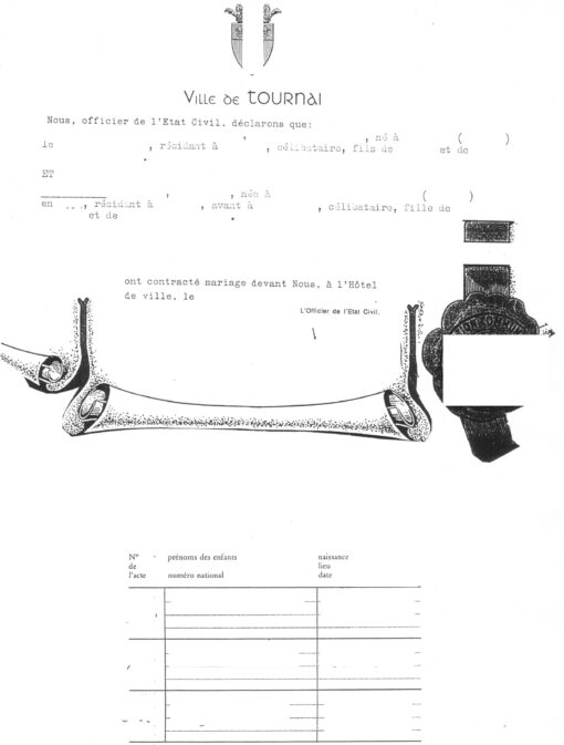 Registerauszug Ehe und Geburt, Belgien (Tournai) - Frz. Original ohne Titel