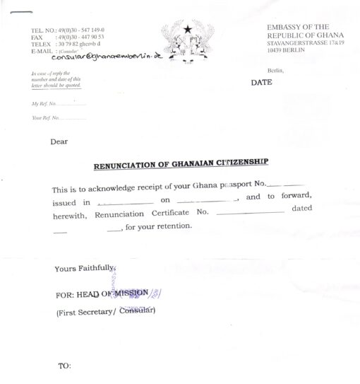 Renunciation of Citizenship of Ghana (Anschreiben)