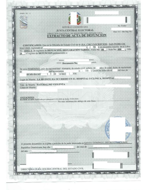 Extracto de Acta de Defunción (Dominikanische Republik)
