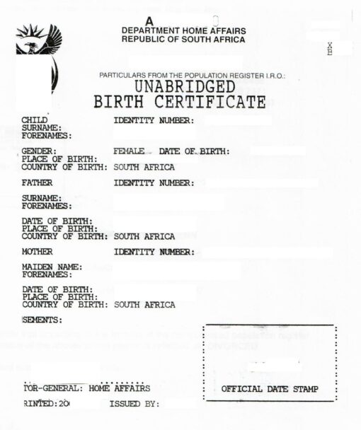 Unabridged Birth Certificate, South Africa