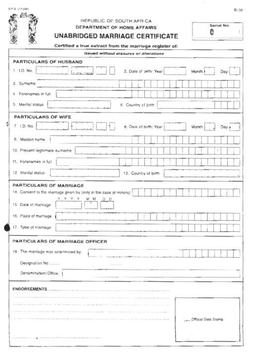 Unabridged Marriage Certificate, South Africa