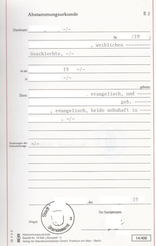 Abstammungsurkunde aus dem Familienbuch/Stammbuch, Deutschland