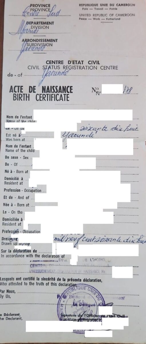 Acte de naissance Cameroun 1978