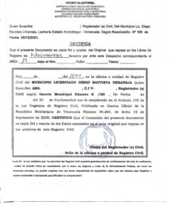 Bescheinigung der identischen Abschrift aus dem Register (Geburtsurkunde), Venezuela, 2024