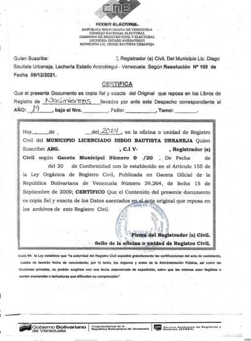 Bescheinigung der identischen Abschrift aus dem Register (Geburtsurkunde), Venezuela, 2024