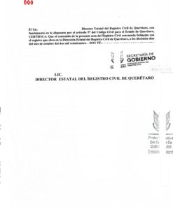 Bestätigung der identischen Abschrift aus dem Personenstandsregister (2024) aus Mexiko (Querétaro)