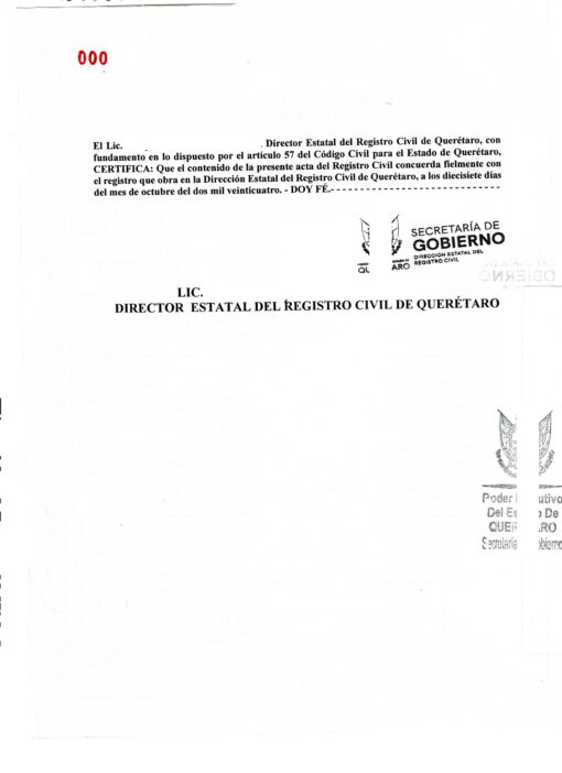 Bestätigung der identischen Abschrift aus dem Personenstandsregister (2024) aus Mexiko (Querétaro)