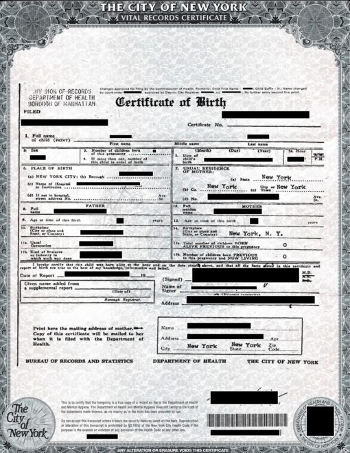 Certificate of birth (long form) New York