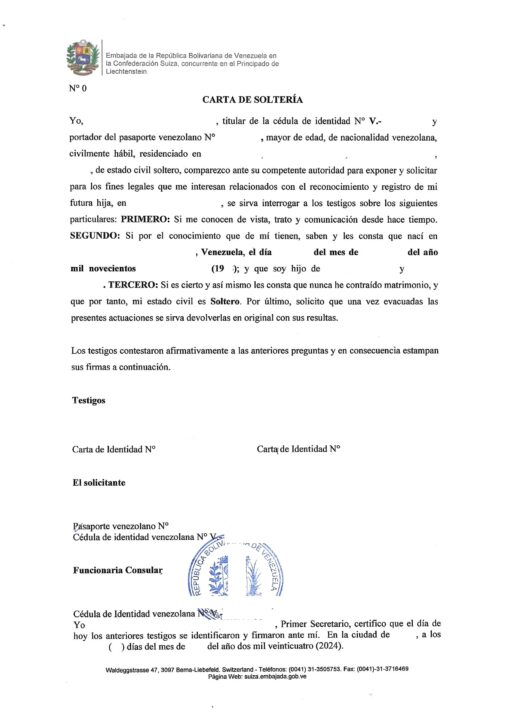 Carta de solteria Embajada venezolana en Suiza