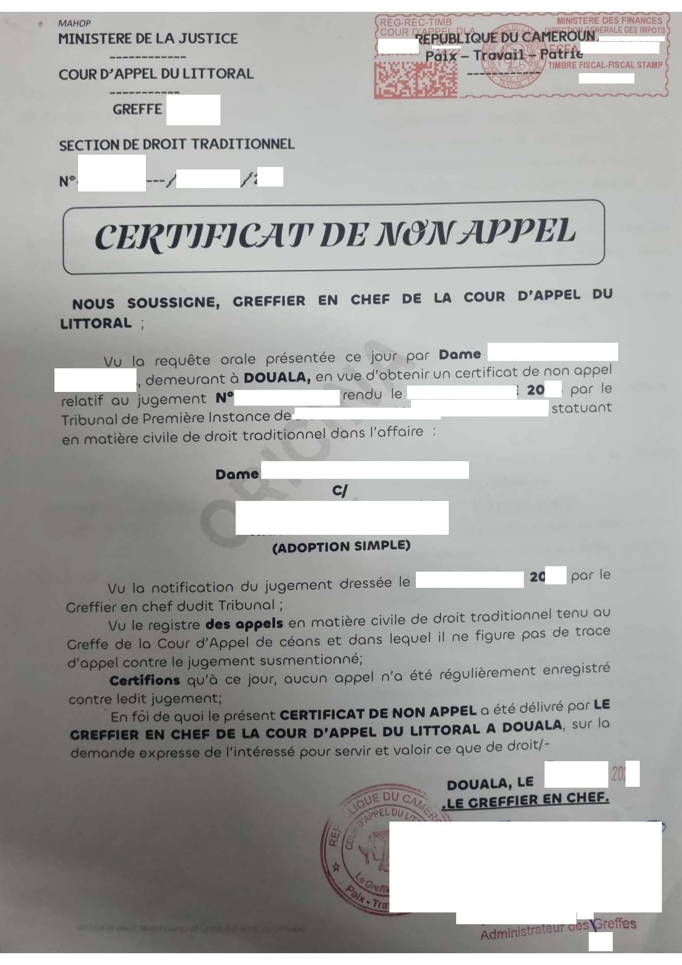 Certificat de non appel Cameroun 2025