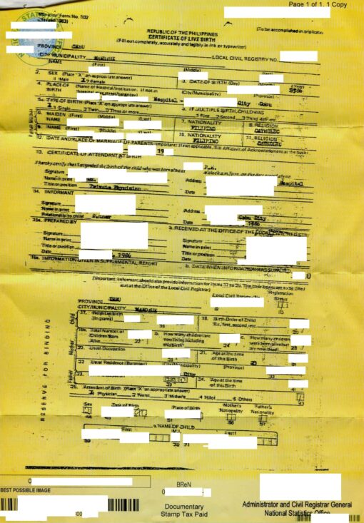 Certificate of Birth, Philippines, 1986