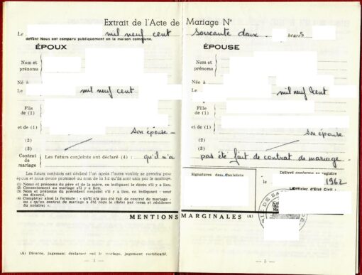 Extrait de l'acte de mariage (Frankreich), Eintrag ins Familienbuch, 1962
