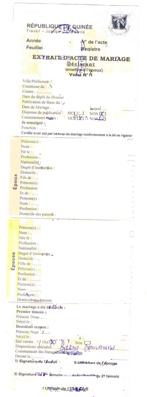 Extrait d'Acte de mariage, République de Guinée, 2021