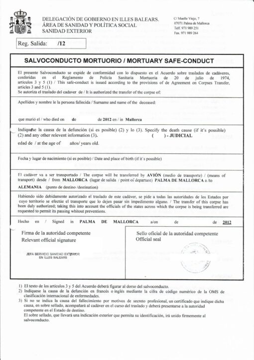 Leichenpass aus Mallorca (Spanien) zur Überführung nach Deutschland