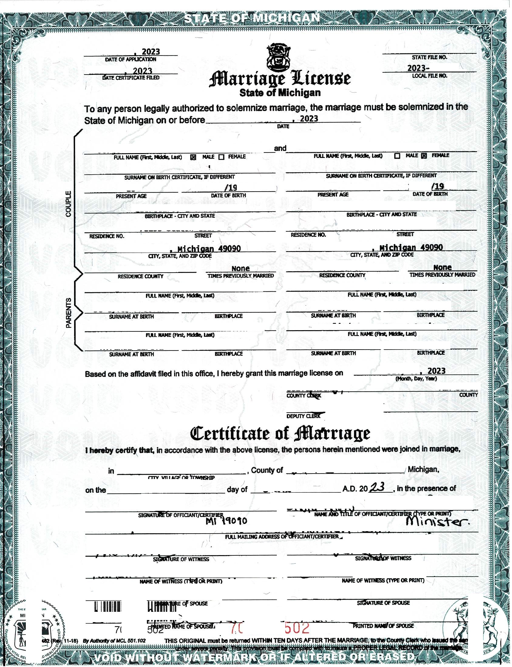 Marriage License und Certificate of Marriage, USA (Michigan), 2023