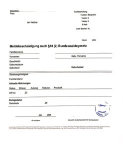 Meldebescheinigung nach § 8 (2) Bundesmeldegesetz, Deutschland, 2024