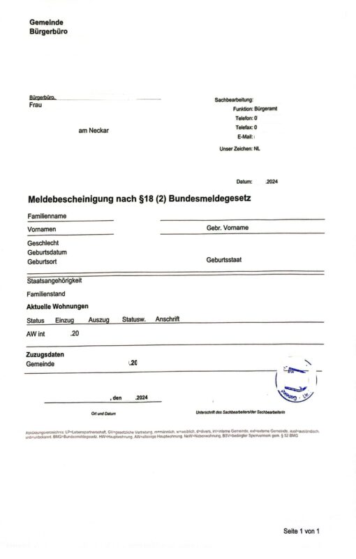Meldebescheinigung nach § 8 (2) Bundesmeldegesetz, Deutschland, 2024