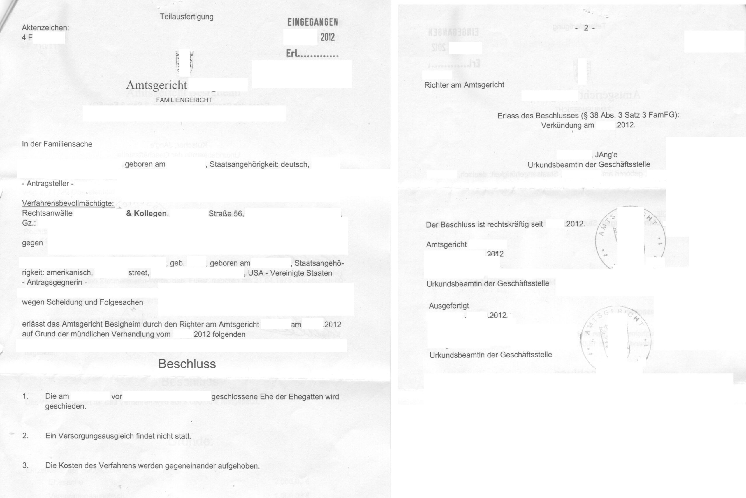 Scheidungsurteil ohne Versorgungsausgleich, Beschluss, Deutschland 2012