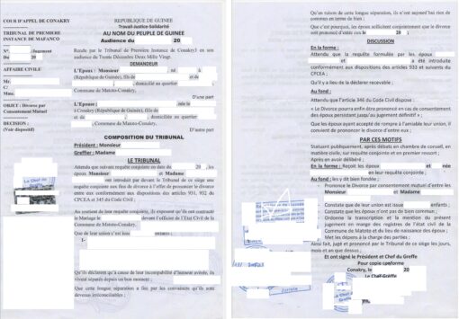 Acte de divorce, République de Guinée, 2020