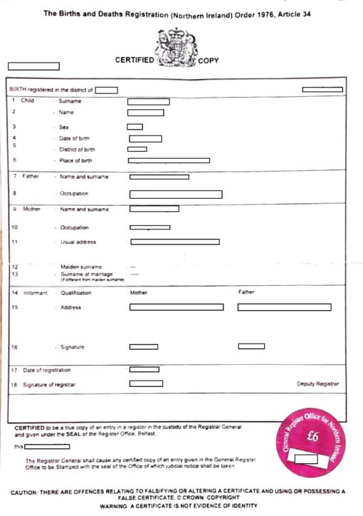 The births and deaths registration Irland