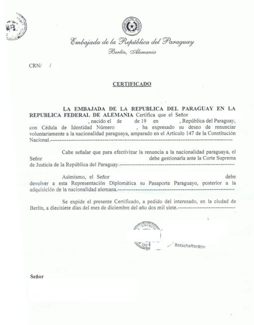 Verzichtserklärung paraguayische Staatsangehörigkeit