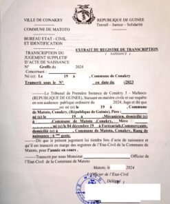 Extrait du registre de transcroption (Naissance), Guinea